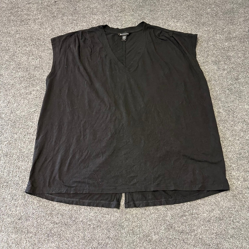 Athleta Top Womens Size 1X Black V-Neck Twist Back Split Hem Activewear Relaxed